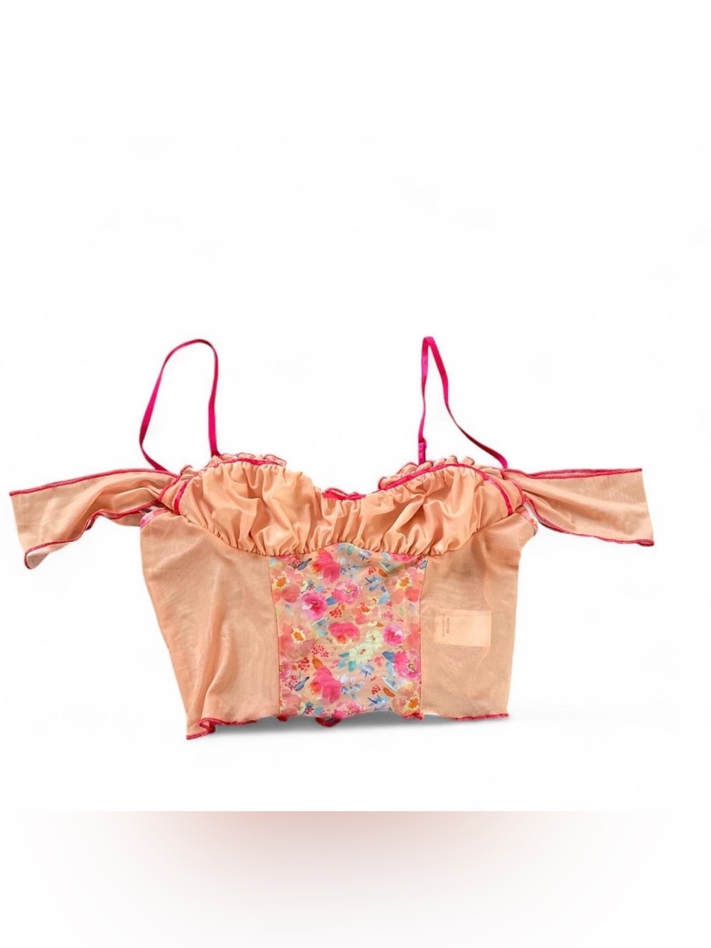 Peach Floral Satin Crop Cami with Pink Trim